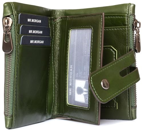 MR.MORGAN Portefeuille Homme Femme, Porte Carte Homme, Porte Monnaie Homme en Cuir Véritable Vert, RFID, Jusqu’à 15 Cartes, Ancienne CNI, Porte-Cartes Amovible, Monnaie Zippée, Boîte Cadeau
