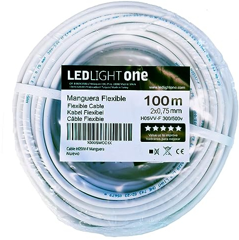 Led Light One Cable H05VV-F Manguera 2x0,75mm 100m (Blanco) Tensión de servicio: 500v Temperatura máxima de trabajo 70º.Cables para instalaciones fijas y móviles en locales domésticos y oficinas.