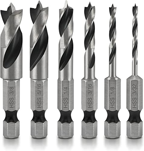 NEIKO 11401A 6 Piece Brad Point Drill Bit Set, Stubby Drill Bit Set for Wood, 1/4 Quick Change Hex Shank, HSS 4241 High Speed Steel for Quick Change Chucks and Drives, Drill Bit Holder Included