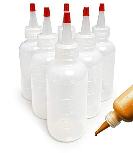 Bastex 6 Pack 4 Ounce Plastic Squeeze Bottles with Caps and Measurements. Small Mini Squeeze Bottle for Arts and Crafts, Paint, Icing, Liquids, Condiment, Glue. Sauces and More