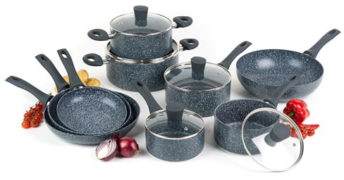 Russell Hobbs COMBO-4836A Pots and Pans Set – 9-Piece Cookware Pan Set for Induction Hobs, Non-Stick Frying Pans, Saucepans, Stockpots, Stay Cool Handles, Blue Marble Cooking Set, Nightfall Stone