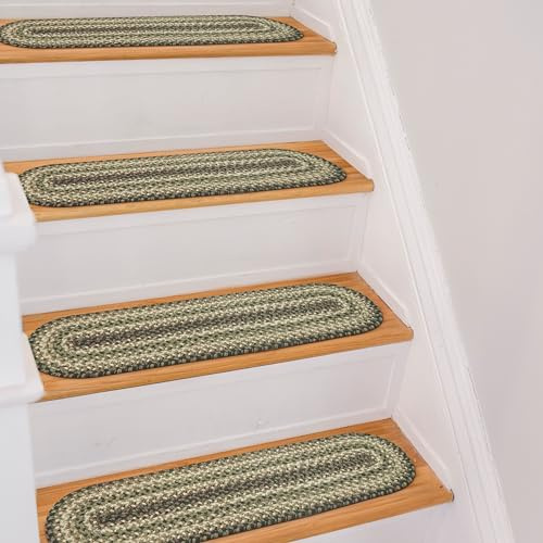 Homespice Pinecone Jute Braided Stair Treads, Country Rustic Decor, Set of 13, Green 8x28 Oval Rug for Stairs - Easy to Clean, Tightly Stitched and Durable