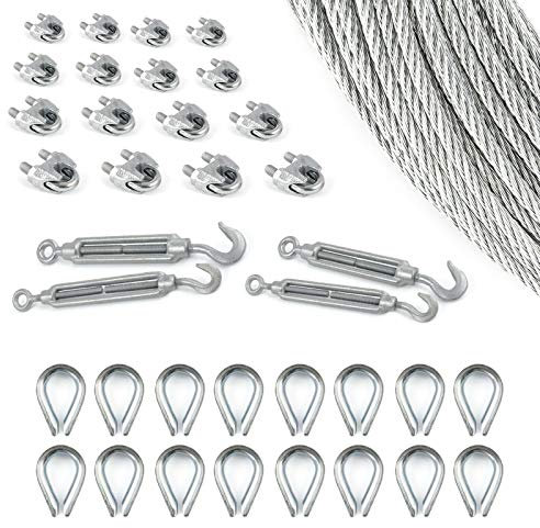 DQ-PP Stahlseil SET 11 | 6mm 6x19 weich | 40 Meter | Stahl verzinkt | 16x Kauschen 6mm | 4x Spannschloss Haken-Öse M5 | 16x Seilklemmen Bügel 6mm | Drahtseil für Rankhilfe Seil Draht Forstseil