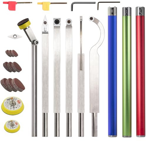 Carbide Tipped Woodturning Tools DW-9 Carbide Wood Lathe Tools 6pcs Hollower Rougher Detailer Finisher Sander Made of Stainless Steel and 3pcs aluminium alloy Handle and Carbide Cutters and Sandpapers