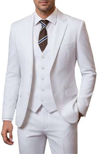 Holivyer Conjunto de Traje de 3 Piezas para Hombre, Chaqueta de Dos Botones, Chaqueta sólida, Chaleco, Pantalones de Boda, Traje de Negocios, Blanco, X-Small
