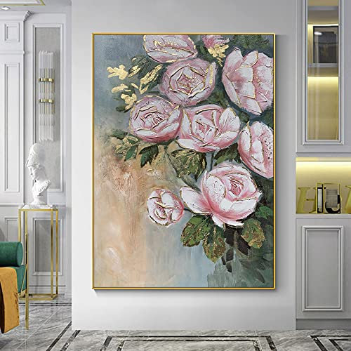 Acrylbilder, handgemalt auf Leinwand, Textur 3D-Goldfolie, Rose, Blumen, Messermalerei, Retro / Abstrakter moderner Luxus / für Familienwand, Wohnzimmer, Esszimmer, Home Art Decor Company,Pink,27x