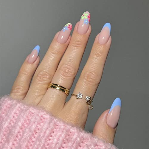 Sethexy Blume Mandel Falsche Nägel Frühling Französisch Nägel zum Aufkleben 24Pcs Acryl Kunst Press on Nails für Frauen und Mädchen