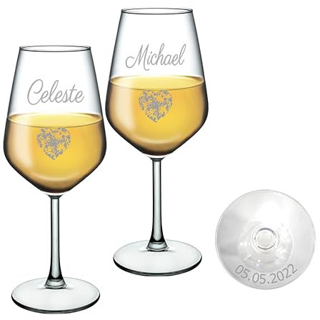 MASTERLASER3.0 Bicchiere da vino personalizzato, calice da vino bianco inciso al laser, 490 ml, set da vino personalizzato con nome, iniziali e data, migliore idea regalo - Quantità (2)