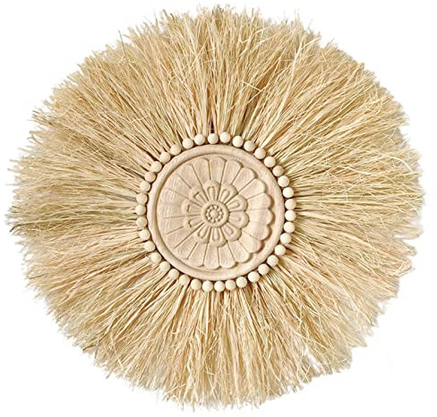 Worparsen Stroh-Wandornament Holzperlen rund gewebt Makramee Wand Strohhalm Dekor Vintage verschleißfest B