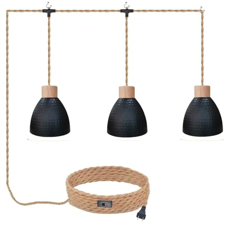 ALAISLYC 3-Light Plug in Pendant Light 22FT Industrial Hanging Lamp with Twisted Hemp Rope Independent Triple Switch Hanging Light Chandelier for Dining Room Kitchen, Black Finish