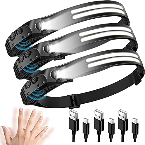 GSY Stirnlampe LED Wiederaufladbar 3 Stück, 2 COB LED 2000 Lumen Superhell mit Intelligenter Sensor Kopfleuchte, 230 ° Flutlicht Scheinwerfer mit 6 Lichtmodi, Wasserdicht Lauflicht