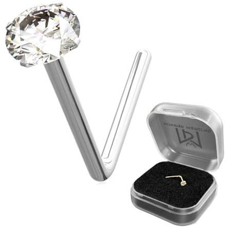 AZARIO LONDON 2,5 mm runder Cz-Stein 14 K Weißgold 18 Gauge L-förmiger Nasenstecker Winziger Nasenring L-förmiger Nasenring 14 K Gold Nasenstecker zierlicher Nasenstecker Dünner Nasenring