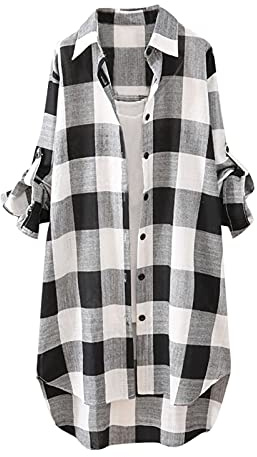 Lange Bluse Damen Leinenhemd Lang Kariert Shirt Frühling Revers Langarmshirt Knopfleiste Hemd Leinenbluse Lose Longbluse Blusenshirt Oberteile Tops