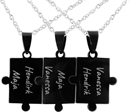 Hanessa 3 Stück Personalisierte Ketten mit Gravur Edelstahl 50 cm Puzzle in schwarz - Halsketten für Männer und Frauen - Personalisierter Schmuck Damen Herren Freundin Freund Geschwister