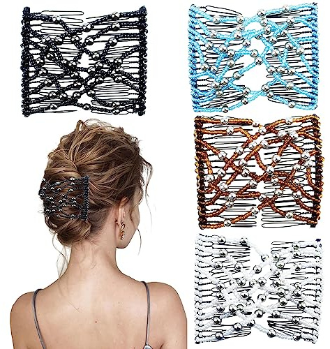 4 Pieces Elastic Beaded Magic Hair Comb Stretchy Double Comb Hair Fork Clips No Crease Hairpins Combs for Women Girls Vintage Hairstyle Multipurpose Hair Accessories, 4 Color (Beads Style)