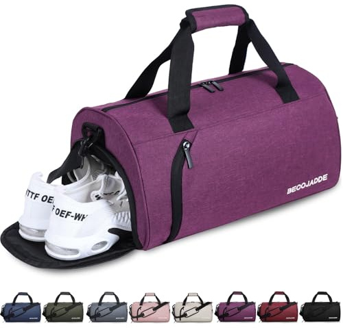BECOJADDE Sporttaschen für Damen und Herren, 25L Reisetasche Duffel Bag Übernachtungstasche mit Schuhfach & Nassfach, wasserdichte Handgepäcktasche für Sport, Fitnessstudio, Schwimmen, Lila