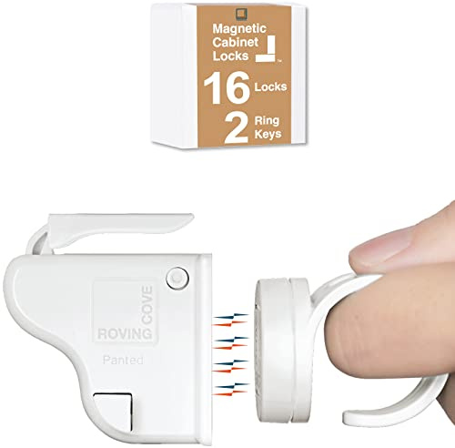 RovingCove Ergonomic Magnetic Cabinet Baby Locks 16-pk, Child Proof Drawer Cupboard Latches, Adhesive, Easy Install with Starter Tape System, 16 Locks 2 Ring Keys