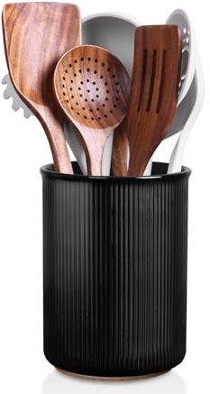 LoeJan Utensil Holder, Extra Large Utensil Crock, Stable Ceramic Utensil Organizer, Cooking Tool Organizer Set for Kitchen Counter Farmhouse Decor (G-6.7 Black)