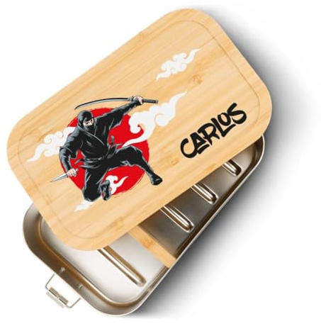 GRAVURZEILE Brotdose aus Weißblech mit bedrucktem Bambusholzdeckel - Lunchbox mit Ninja Motiv - Personalisiert mit Name - Geschenk für Kinder zum Schulanfang - Größe: Groß