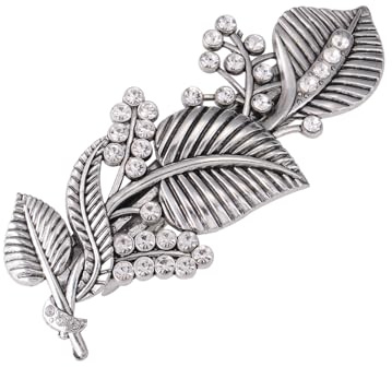 Dreamtimes Eichenblatt Haarspange - Zirkon Runde Hand Gegossen Metall Barrette - Große Hand Crafted Französisch Vintage Schutz Haarspange für Frauen (Silber)