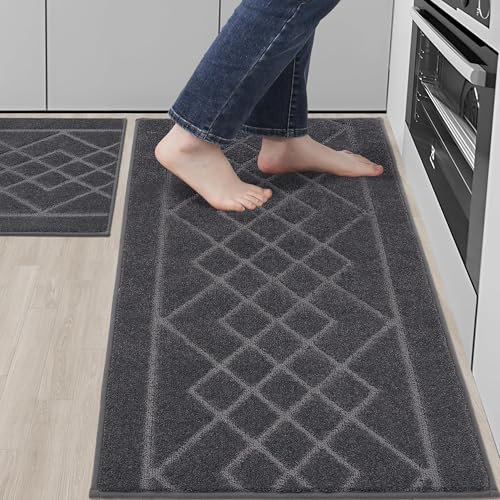 BEQHAUSE Kitchen-Rugs-Sets of 2 Non Slip Machine Washable Kitchen Mats Runner Rug & Floor Mats Soft Standing Mats for Kitchen,Dark Grey,50X76cm+50X122cm