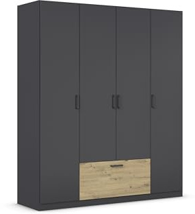 Rauch Möbel BARI, Schrank, Farbe Grau metallic/Eiche Artisan, Breite 181 cm | Kleiderschrank, 4-türig, 1 Schublade, für Schlafzimmer, Kinderzimmer, Babyzimmer, Homeoffice, Garderobe, Flur