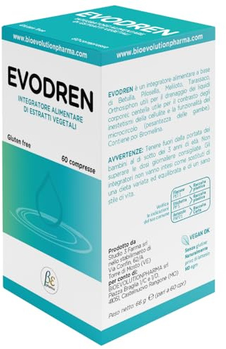 EVODREN CPR-Integratore Alimentare per il Drenaggio dei Liquidi e Funzionalità del Microcircolo, Contrasta gli Inestetismi della Cellulite, Adatto a Vegani, Nat. Senza Lattosio, Made in Italy, 60 Cpr