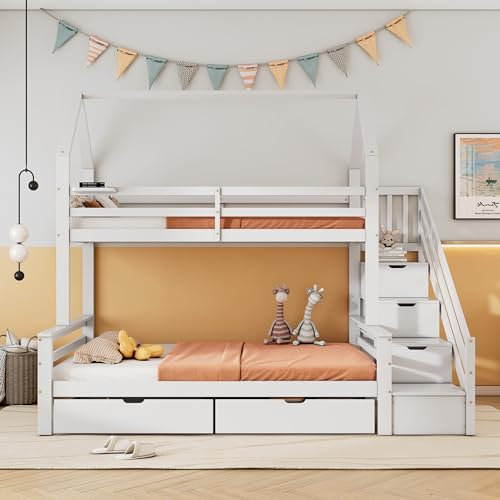 KUAKE Letto a castello con scala, letto per bambini, con cassetti e mensola, con griglia di protezione anticaduta, con armadietto a scala, bianco, 90 x 200 cm e 140 x 200 cm