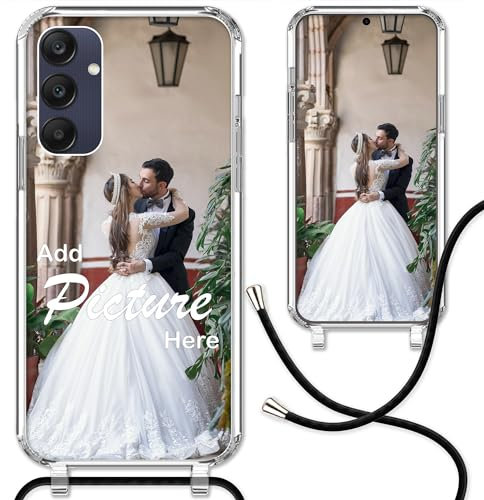 CoverHeld Samsung Galaxy A25 5G Handyhülle mit Band selbst gestalten aus Silikon Hülle mit deinem Bild/Design personaliseren und einzigartig Machen/Handykette Kordel Band in Schwarz