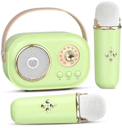 Mini Machine à Karaoké pour Enfants et Adultes, Enceinte Bluetooth Portable avec 2 Microphones sans Fil, Cadeaux pour Filles de 3 à 8 Ans+, Anniversaire, Fête en Famille à La Maison-Vert