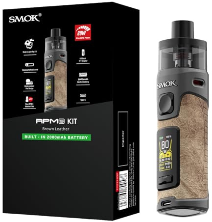 SMOK RPM 5 Kit transparencia verificada pod mod vape portátil RPM5 80W con batería de 2000mAh pod de 6,5ml carga rápida Tipo-C avanzada cuero marrón sin nicotina compatible con coils RPM 3 Mesh