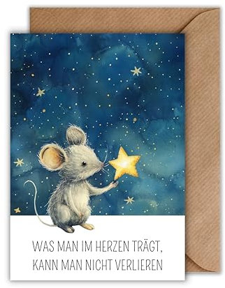 WBdesignz Trauerkarte mit Maus und Stern „Was man im Herzen trägt…“ mit Umschlag – liebevoll gestaltete Kondolenzkarte emotional & tröstlich (DIN A6)