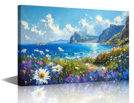 TISHIRON Wildblumen-Landschaftsmalerei, Leinwanddrucke, Meereslandschaft, Kunstdruck, Poster, Wandkunst, Gemälde, gespannte Bilder für Wohnzimmer, moderne Wohnkultur, gerahmte Wandkunst-Dekorationen,