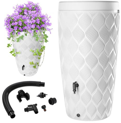 KADAX Regentonne mit im Deckel integrierter Pflanzschale 240 L, Regenfass aus Kunststoff, Regenwasserbehälter mit Wasserhahn, Frostsicher Regentank (Weiß)