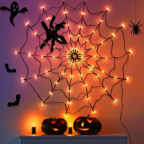 Halloween Decorations CNMTCCO Halloween Spider Web Lights With Plush Spider - Spooky Indoor Light-Up Decorations For Kids Party Haunted House Window Decor (3FT/100CM)