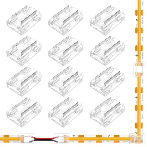 EMITEVER 8-in-1 LED Strip Connectors 12pcs, 2 Pin 8mm COB Tape Lights Terminal Connectors 8 Types Solderless Transparent Connection for​ 5V 12V 24V（Straight, Corner, Strip to Strip, Strip to Wire）