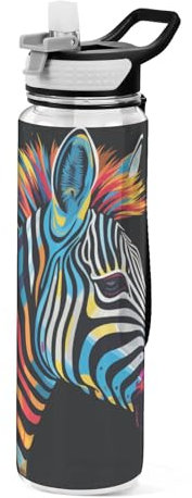 Mnsruu Transparente Sport-Wasserflasche mit Strohhalm, auslaufsichere Trinkflasche, bunte Vektor-Illustration mit Zebra-Fahrradflaschen für Sport, Büro, Schule, BPA-freier Tritan-Kunststoff, 1 Liter