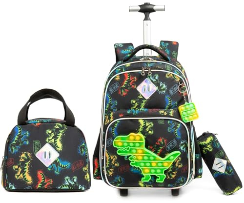 Egchescebo Kids Rolling Dinosaur Backpack for Boys Luggage Suitcase With Wheels Trolley Wheeled POP Roller Backpacks for Elementary Travel School Bags 17 3PCS Toy Backpack With Lunch Box Green