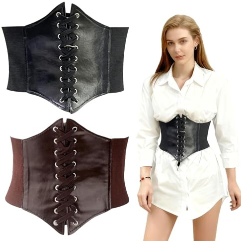 Pddenality 2 Pcs Corset Belt Pirate Costume Women, Black Brown Pirate Corset Ladies Halloween Costumes, Elastic for Women Waist Use for Clothing Matching Waist Halloween, Cosplay, Party Dating