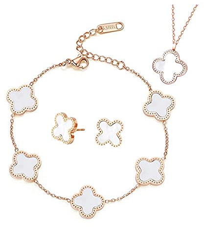 TOFBS Vierblättriges Kleeblatt Schmuckset für Damen und Mädchen 18K Roségold Plattiert Edelstahl Zweiseitig Weiß Schwarz Anhänger Halskette Ohrstecker Armband Emaille Schmuck Set