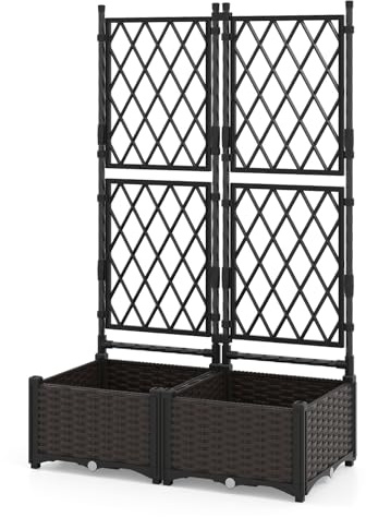 GiantexUK Garden Planter with Trellis, Raised Bed Vine Climbing Stand with Self-Watering Design & Drain Holes, Outdoor Privacy Screen Planter Box for Vegetable Flower Herb (Metal Frame, 80x40x126cm)