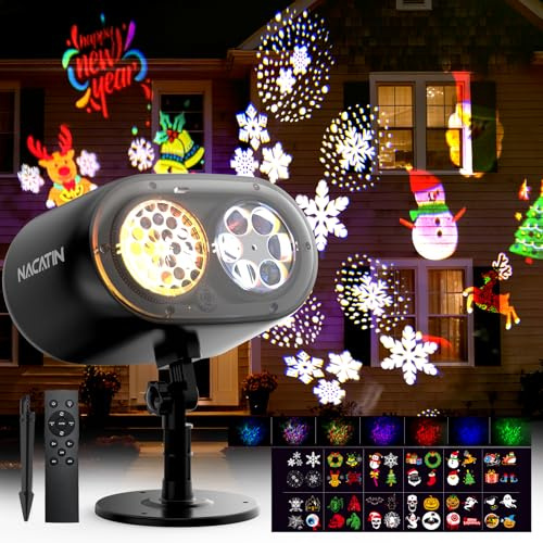 NACATIN Christmas Halloween Projector Lights Outdoor, 2-in-1 No-Card Design with Remote, 12 HD Patterns & 7 Ocean Wave Effects, IP65 Waterproof Holiday Projector for Yard, Garden, House Decor