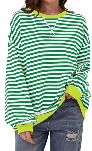 DUOEASE Damtröja randig oversize pullover långärmad höst rund hals sweatshirt Y2K toppar, Grön-vit-gul, S