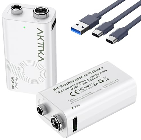 AKTTKA Juego de 2 Baterías de Litio Recargables de 9V 1000mAh, con Cable de Carga Tipo C, Adecuadas para Multímetros Portátiles, Detectores de Metales y Medidores de Línea