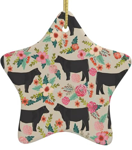 Adornos cristianos con estampado de vacas de buey rosas para Navidad, forma de estrella de cerámica con cuerda, adorno colgante de estrella de Navidad