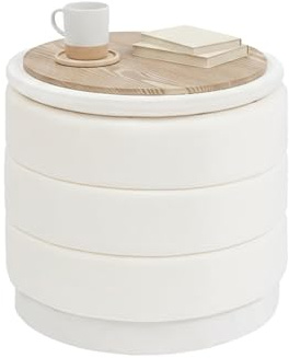 Bonlife Ottoman Rond avec Couvercle,Repose-Pieds Pliable avec Table,Repose-Pieds pour Salon, Chambre à Coucher, Couloir, Velours Blanc, 39 x 39 x 37 cm