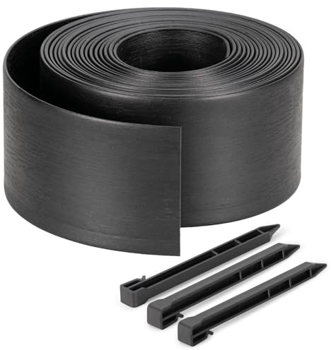 Velway Flexibel gräsmatta kant plast, längd 10 m höjd 13 cm, med 20 markankare, svart – rabattinfattning, rabattbegränsning, gräsmatta för trädgård och stigar