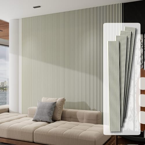 JOOFAN Acoustic Wood Slat Wall Panels, 4 Pack 240 x 30 cm, Decorative Sound Absorbing 3D Slatted Wall Panelling with Felt Backing for Living Room, Bedroom, Office and Studio, Cream
