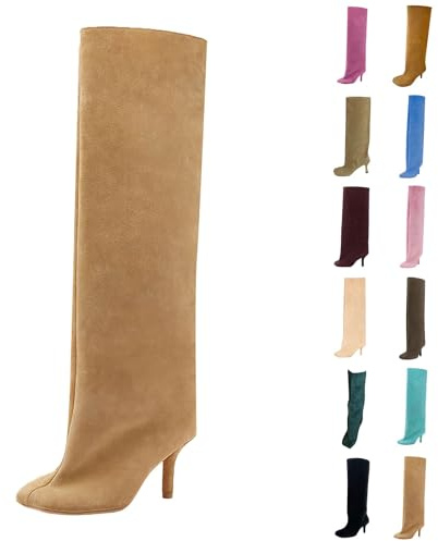 Knähöga stövlar dam vikbar över, vida stövlar dam med klack, cowboystövlar fashionabla västerländska stövlar flock skaftstövlar bekväma vinterstövlar enfärgade damstövlar eleganta vinterskor, kaffe