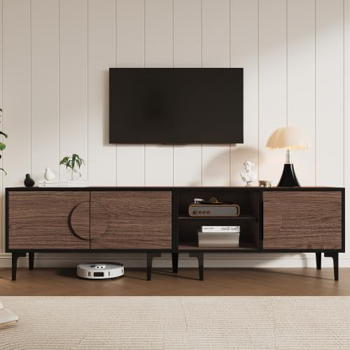 Merax Mueble para TV de 180 x 35 x 49 cm, para televisores de 80 pulgadas, color nogal oscuro, con 2 armarios y estantes abiertos, mueble de salón con 7 patas estables